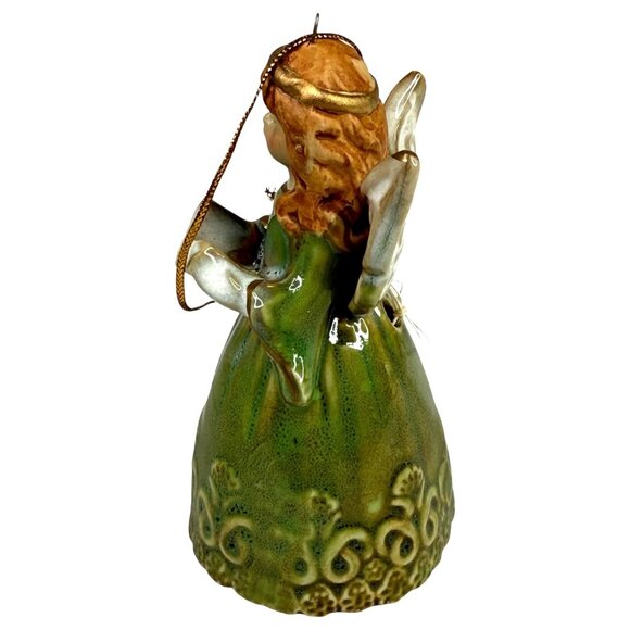 Ceramic Angel Bell figurine Christmas Ornament Green Dress Gold Accents VTG - Picture 7 of 7